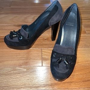 Stuart Weitzman tassels black & gray suede pumps shoes 7.5 US 37.5 4.5 inch heel